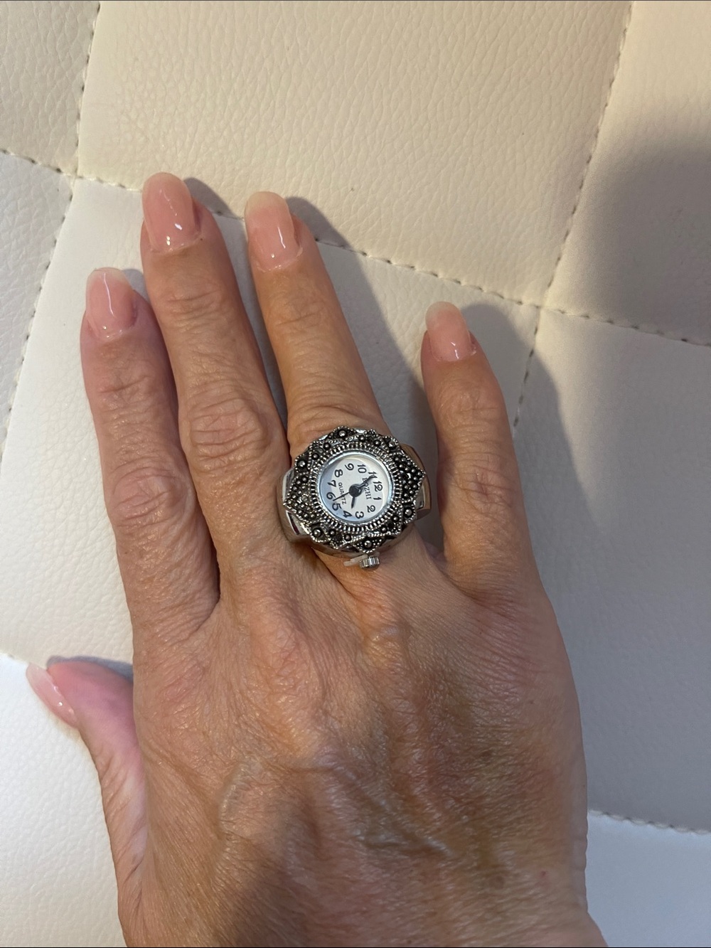 New Silver Marcasite Ring Watch - White Dial